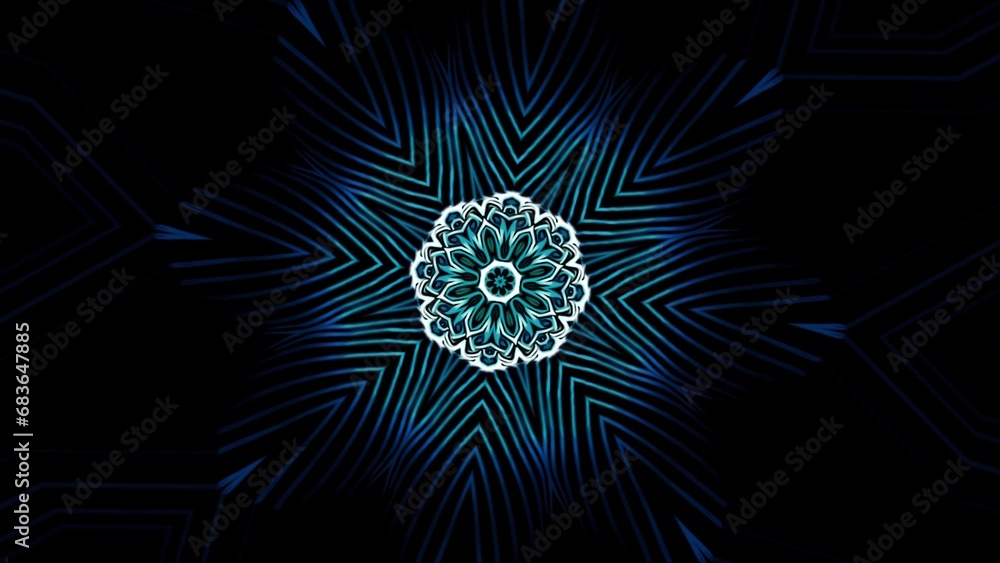 Poster pulsating mandala pattern with neon lines. design. floral pattern pulsates and shimmers on black bac