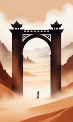 Artistic Watercolor Illustration of a Towering Gate in a Whirling Sandstorm