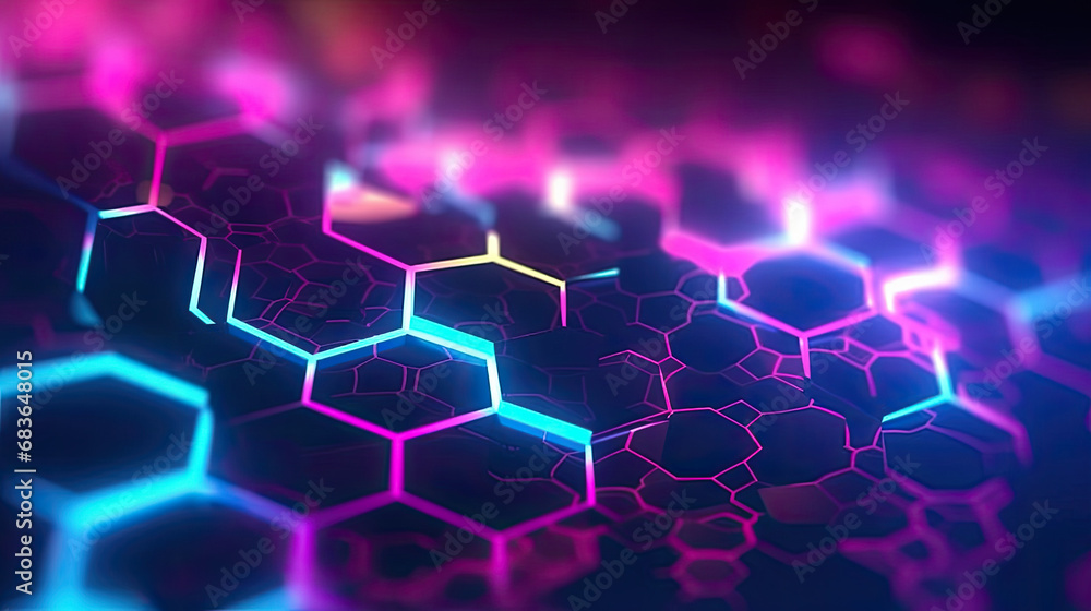 Poster abstract futuristic background with pink blue glowing neon honeycomb and bokeh lights. abstract hexa