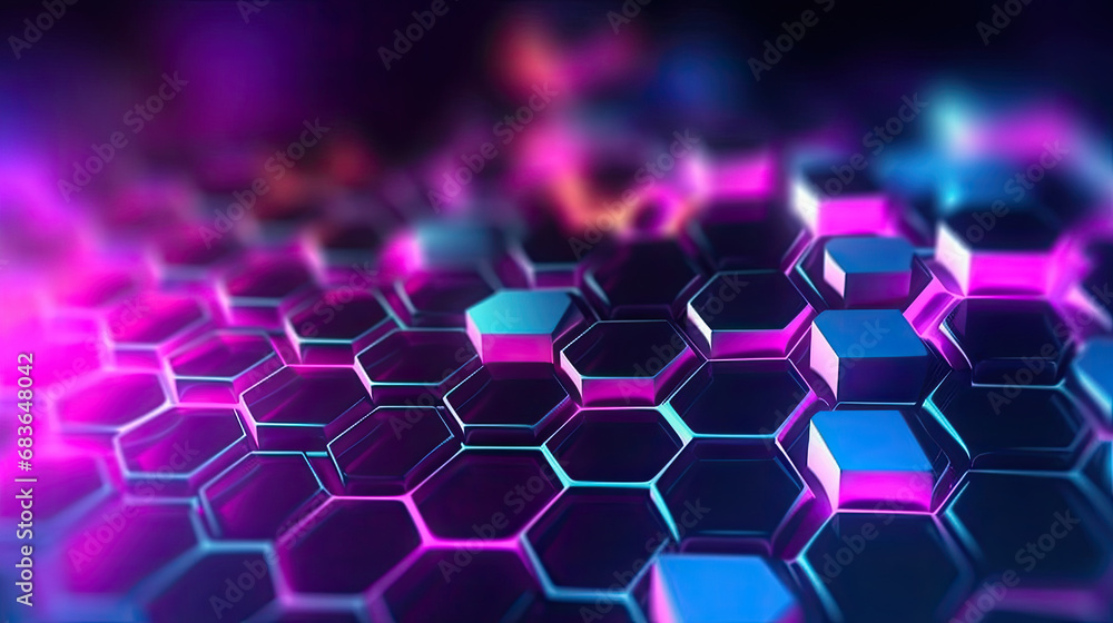 Poster abstract futuristic background with pink blue glowing neon honeycomb and bokeh lights. abstract hexa