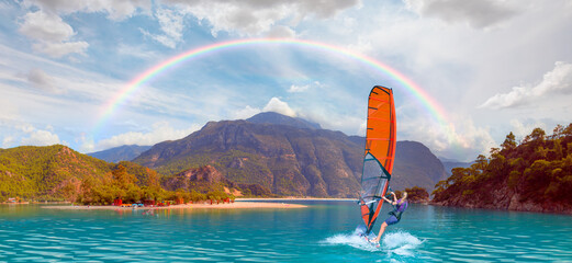 Windsurfer surfing the wind on waves - Panoramic view of amazing Oludeniz Beach And Blue Lagoon,...