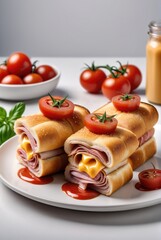 Vertical shot of toast rolls with ham and cheese and tomatoes