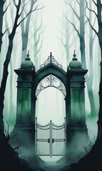 Watercolor Painting of an Enormous Gate in a Haunted Village