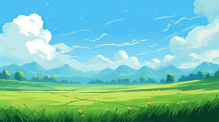 Fototapeta na wymiar Summer fields, hills landscape, green grass, blue sky with clouds, flat style cartoon painting illustration.