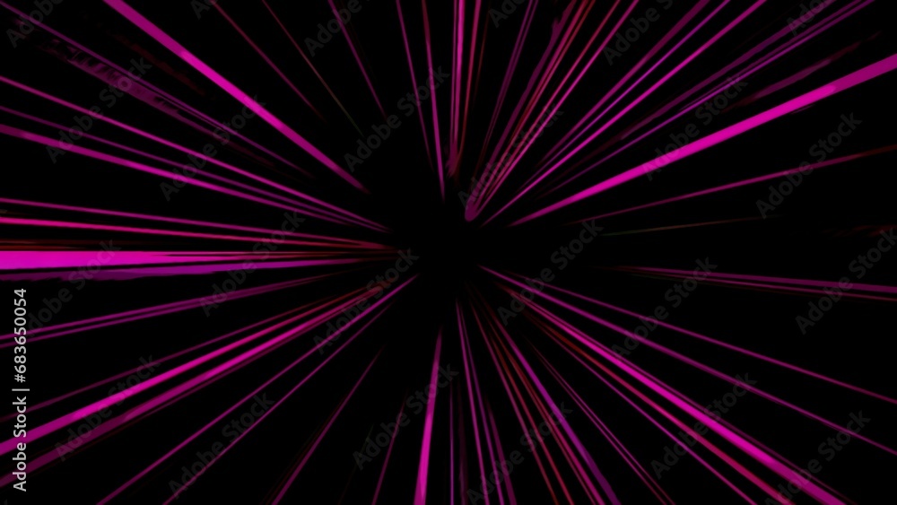 Poster animation with glowing lasers on black background. motion. colored rays rotate in circle on black ba