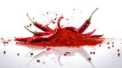 Fotobehang Chili, red pepper flakes and chili powder burst isolated on white background. © MR. Motu