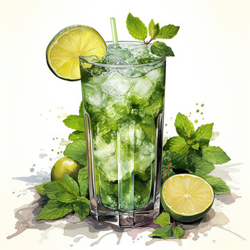 Mojito Cocktail with Mint and Ice on Watercolor Oil Painting On White Background
