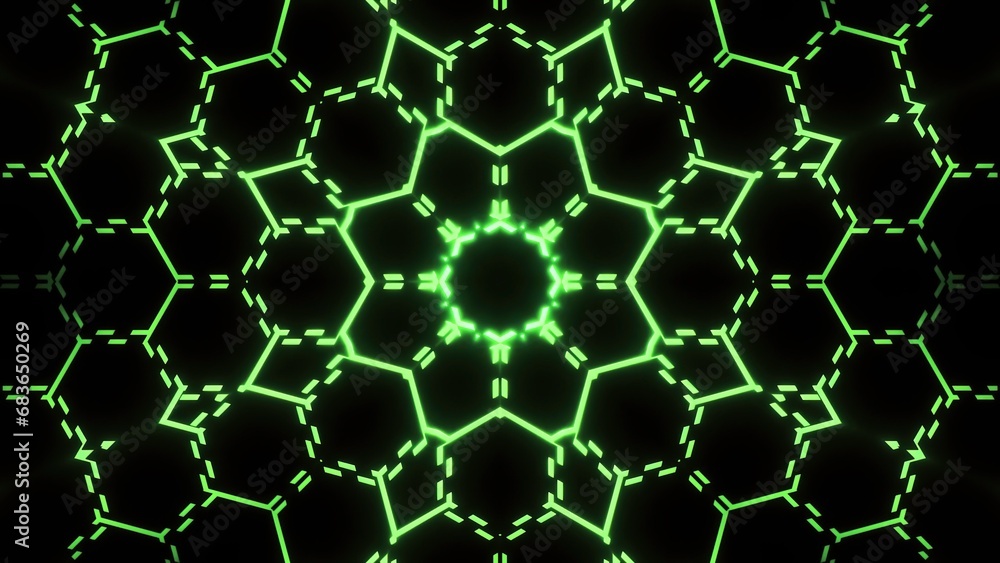 Poster neon mesh pattern with hexagons and moving lines. motion. floral luminous pattern with moving lines.