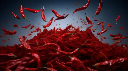 Photo sur Plexiglas Piments forts Chili, red pepper flakes and chili powder burst isolated on white background.