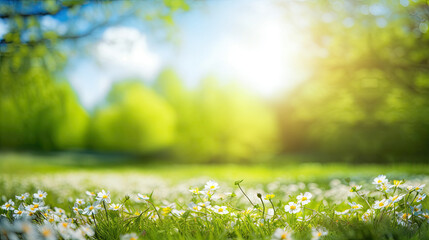 Beautiful blurred spring background nature with blooming glade, trees and blue sky on a sunny day. 
