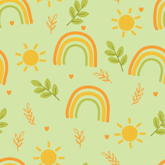 Fototapeta na wymiar Seamless pattern of cute cartoon leaves, rainbow and sun. cute wallpaper for gift wrapping paper, textile, colorful vector for children, flat style