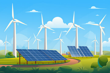 wind turbine and solar panels illustration (AI Generated)