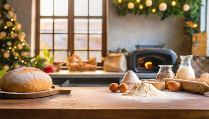 eggs, flour, and butter on wooden table for Baking homemade bread at cozy kitchen, holiday, dinner, preparing
 - obrazy, fototapety, plakaty
