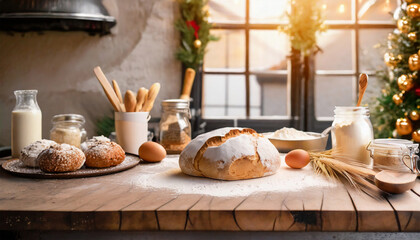 eggs, flour, and butter on wooden table for Baking homemade bread at cozy kitchen, holiday, dinner, preparing

