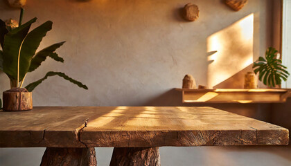 Wood long slab table and  stucco wall background; copy space.