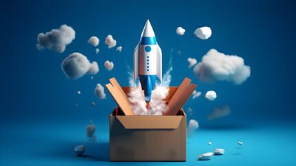 Rocket missle rising up outside the box . Powerful startup idea concept . This is a 3d render illustration . - obrazy, fototapety, plakaty