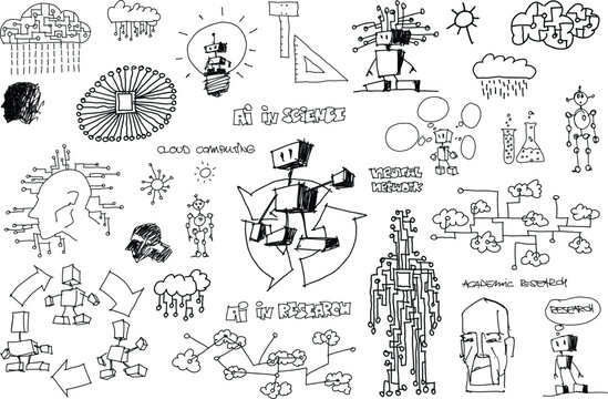 hand drawn sketches of artificial intelligence topics and robots and network strucures and clouds in ai in science and research