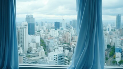 Fototapeta na wymiar Wind Rustles Curtain Panoramic Window Cityscape, Wallpaper Pictures, Background Hd 