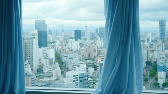 Wind Rustles Curtain Panoramic Window Cityscape, Wallpaper Pictures, Background Hd 