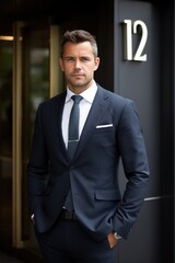 40 years old investment banker in front of a banking office entry in London