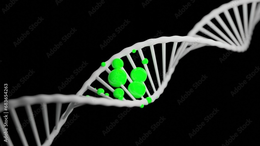Poster colored molecules on dna. design. 3d animation of dna chain with moving molecules. disease of dna st