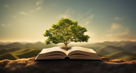 a tree on the top of books, in the style of nature and education
