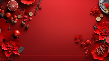 Chinese New Year celebration background with red paper fans and flowers. Asia traditional cultural decoration. Empty space. decoration backdrop idea for the year-end party. - obrazy, fototapety, plakaty