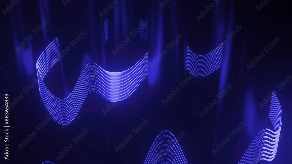 Poster 3d to with moving waves of lines. design. wavy lines move in abstract space with 3d pillars. illusor