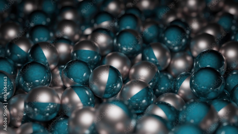 Poster colored metal balls move in stream. design. metal 3d balls move in large numbers in stream. lots of 
