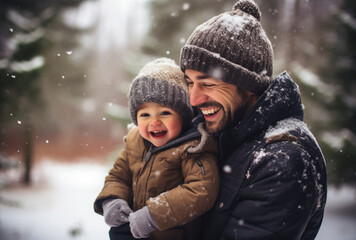 Fototapeta premium Father and baby laughing in winter park, Ai generated Images