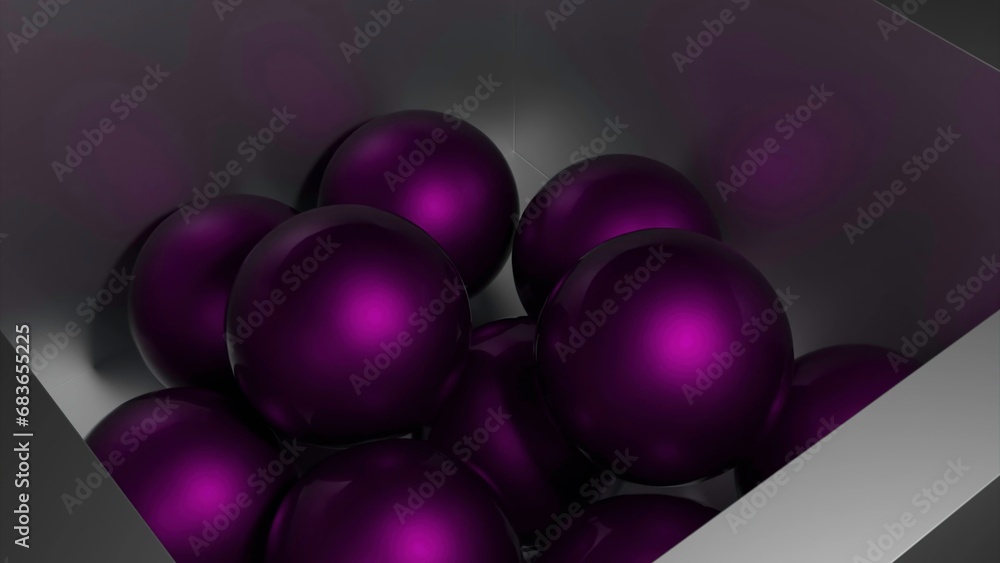 Poster colored 3d balls fall into box. design. 3d balls with rubber structure fall into metal box. 3d anima