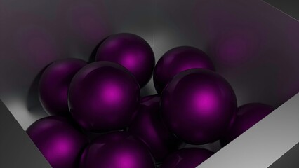 Colored 3d balls fall into box. Design. 3D balls with rubber structure fall into metal box. 3D animation of falling balls in box