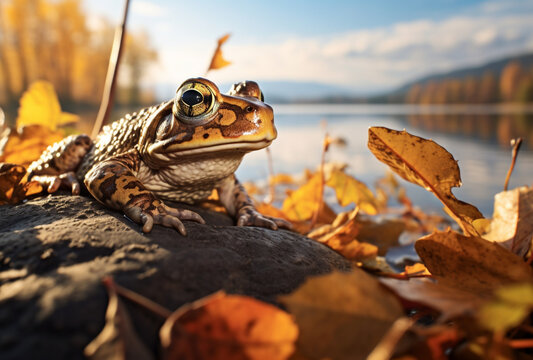 Frog animal resting on a lake with autumn leaves. Ai generated images