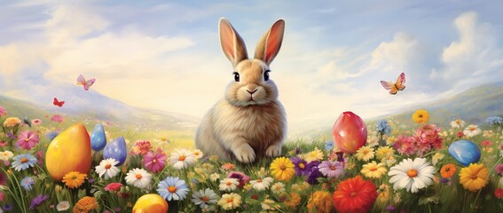 Easter bunny with colorful eggs on the meadow with flowers.
