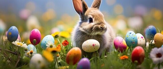 Fototapeta na wymiar Easter bunny with colorful eggs on the meadow with flowers.