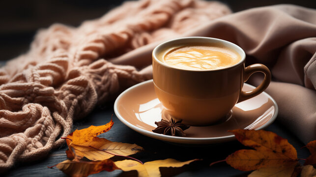 A Cup of Coffee A Autumn Leaves Cozy Pastel Colors Background Selective Focus
