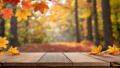 Naklejka na ściany i meble Nature's Embrace: Wooden Table with Autumn's Warmth