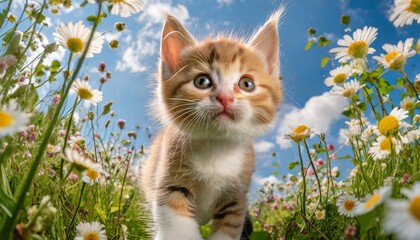 Cute kitten walks on the summer meadow