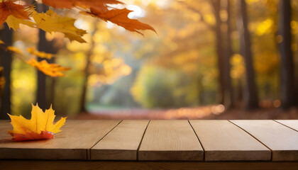 Naklejka na ściany i meble Maple Melody: Wooden Table Set Against Autumn's Symphony