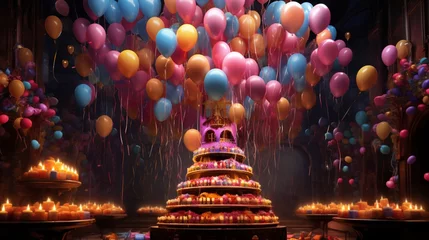 Fototapeten A towering confection adorned with vibrant balloons and shimmering candles, exuding joy and celebration. © Imran_Art