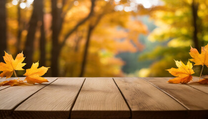 Naklejka na ściany i meble Rustic Retreat: Maple Leaf Background on Wooden Table