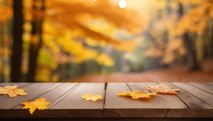 Naklejka na ściany i meble Maple Symphony: Blurred Forest Background on Wooden Table