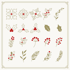 Christmas plants vector illustration drawn with gold lines.