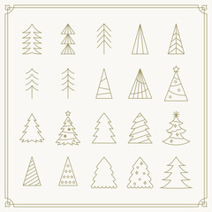 Christmas tree illustration drawn with gold lines.
