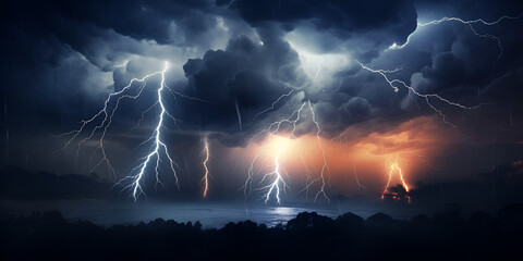 Raster illustration of thunderstorm clouds in the sky with electric lightning, Electric Thunderstorm: Raster Illustration of Lightning in the Sky
