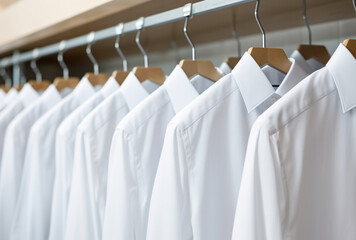 White men's shirt hanging on the rack of a men's clothing store. AI generated Images