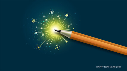 2024 resolution concept design. Poster banner background with fireworks and pencil.