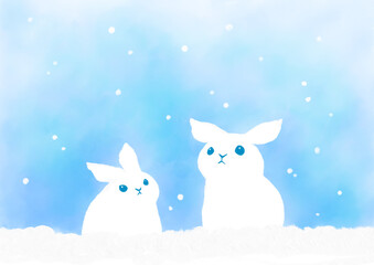 雪空を背景に座る2匹の白ウサギのシンプルな水彩イラスト - obrazy, fototapety, plakaty