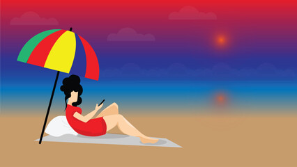 Girl in holiday beside sea beach relaxing or spending leisure time under umbrella with mobile in hand vector illustration landscape.