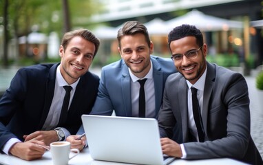 A group of businessmen with a laptop together